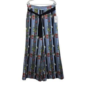 NWT Lena Gabrielle Blue Striped Floral Wide Leg Pants Size 8 High Rise Belted